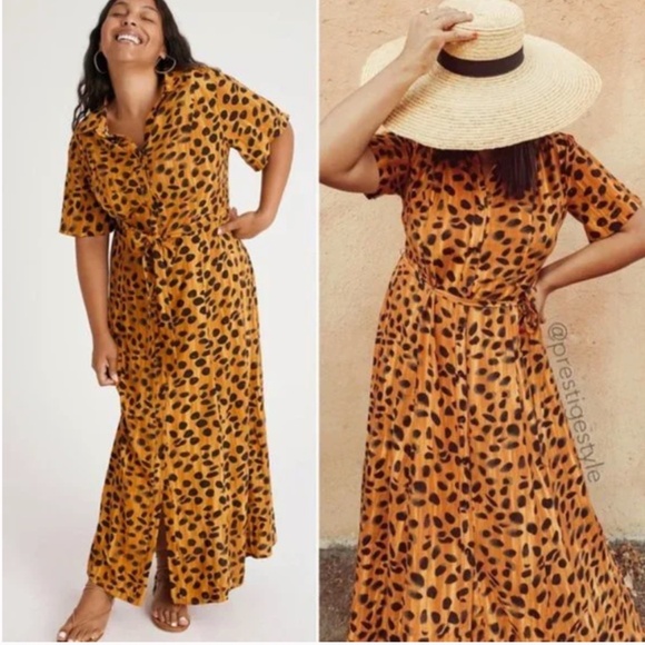Vianne Maxi Shirtdress Cheetah Leopard Animal Cat Print Art Cottage Maxi Dress - Picture 1 of 9